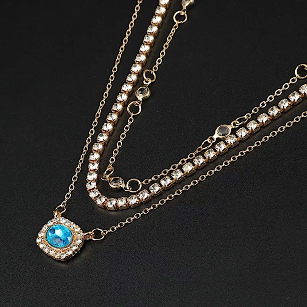 🔵𝟲𝟱%𝗢𝗙𝗙 𝗯𝘂𝗻𝗱𝗹𝗲𝘀 𝟯+🔵 NEW 3 Layered Blue Rhinestone Charm Gold Necklace - Picture 7 of 11
